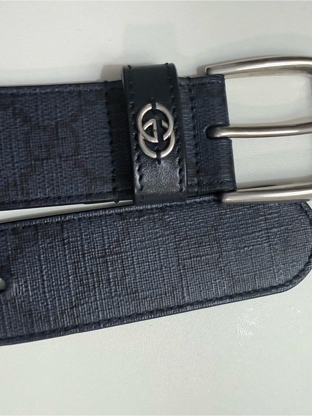 Gucci GG Supreme Belt - Navy Blue Interlocking G Buckle